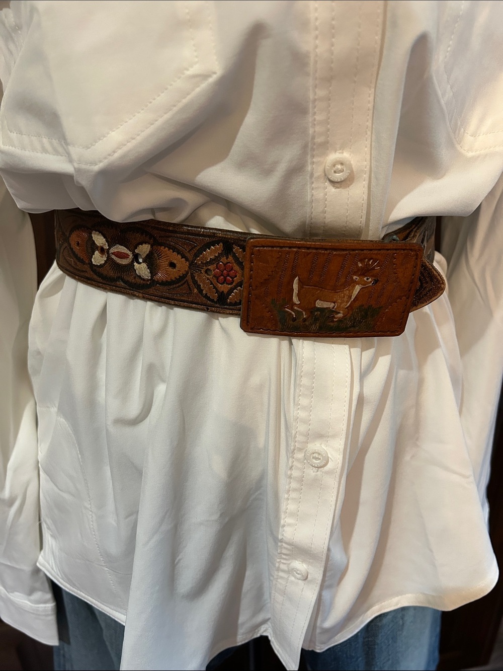 1970’s Mexican Hand-Tooled Brown Leather Belt Sz 27 Deer Motif